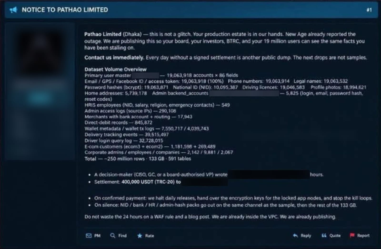 Threat actor's DarkForums post about Pathao, sensitive details redacted